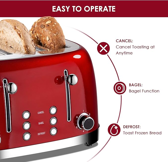 Roter Mond 4 Slice Toaster Retro Stainless Steel with Bagel Defrost Cancel Function 6 Browning Settings Extre Wide Slot and Removable Crumb Tray Red ST033