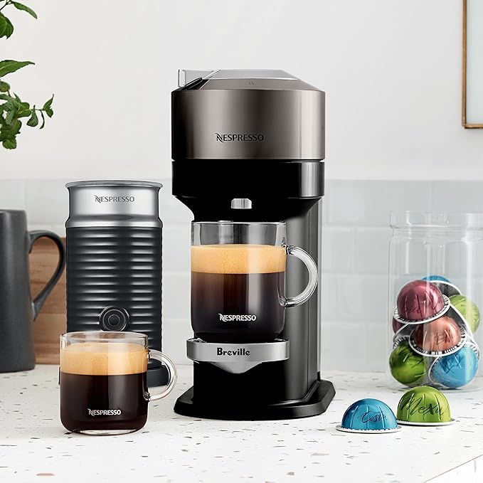 Nespresso Vertuo Next Deluxe Coffee and Espresso Maker by Breville with Aeroccino Milk Frother Dark Chrome Descaling Kit