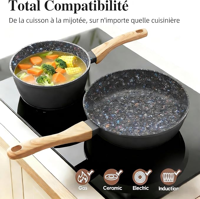 3-Piece Nonstick Cookware Set 10.25 Inch Frying Pan &amp 2 Pots with Lids | PFAS &amp PFOA Free Non-Toxic Coating | Induction Compatible Dishwasher Safe | Pots and Pans Set for Beginner Kitchen