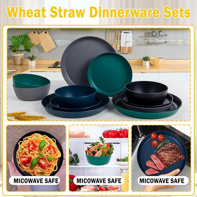 EI 12pcs Wheat Straw PlatesPlastic Plates ReusableUnbreakable Plastic PlateWheat Straw Dinnerware SetMelamine Plate-BlackDark GreyDark GreenDark BlueDinner CampingPicnic