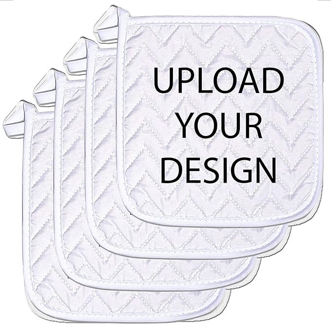 Personalized Custom Pot Holder – 4 Pack 8X8 Inch Kitchen Oven Hot Pads Potholder Coaster Heat Resistant Cooking Baking with Hanging Loop Customized Photo Design Text Picture Gift