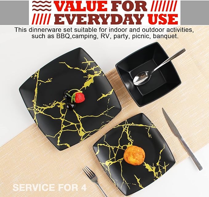 Melamine Dinnerware Set for 4-12 Pcs:Camping Dishes Set with Dinner PlatesSalad Plates and Bowls.Lightweight and Unbreakable.Indoor and Outdoor Use. flower 26