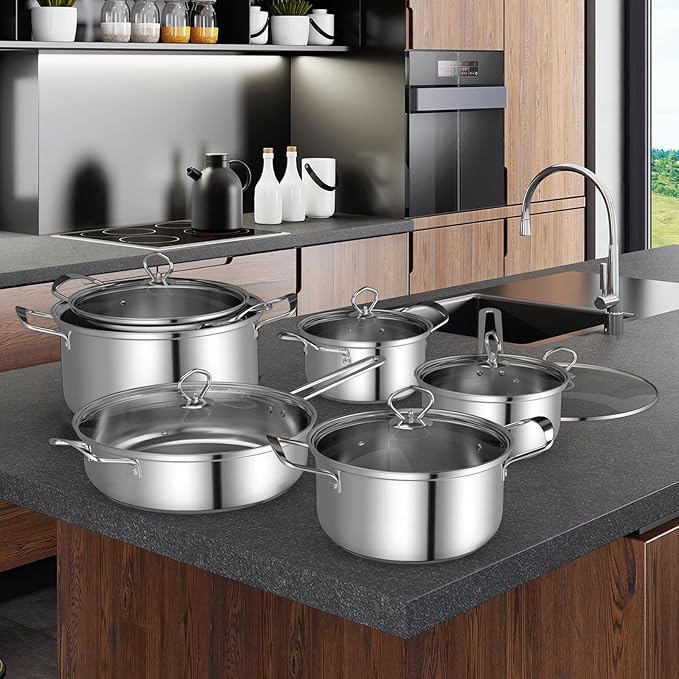 Giantex 12-Pcs Pots and Pans Set Non Stick Non-toxic Kitchen Set w/Tempered Glass Lids &amp Stay-Cool Handles Induction RV Cooking Set Stainless Steel Cookware Set Compatible with All Cooktops
