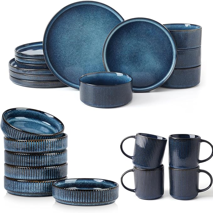 Famiware Dinnerware Set for 4 (12 Piece) and Coffee Mug Set for 4 (12 oz) - Nebulas Blue