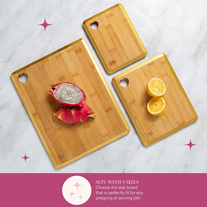 Paris Hilton Reversible Bamboo Cutting Board Set with Heart Shaped Cut-Out Design Glamorous Gold Edge Detail and Multiple Board Sizes 3-Pieces Gold