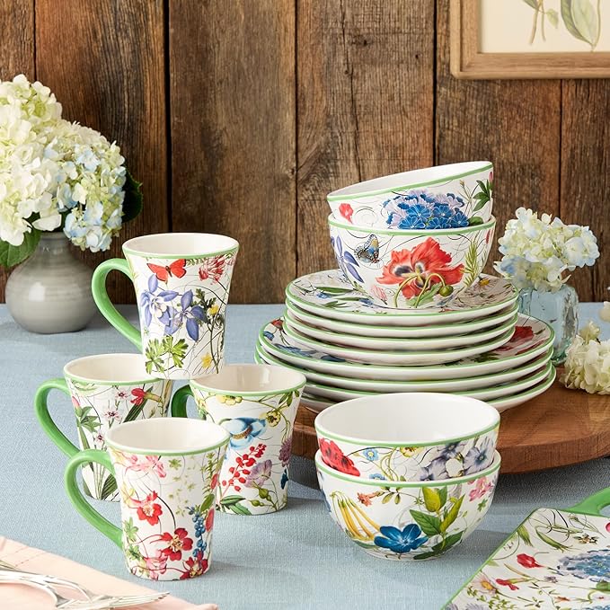 Greenhouse 16-Piece Dinnerware Set Service for 4 Botanical Patterns with Butterflies &amp Dragonflies Durable &amp Stylish Perfect for Brunches Family Dinners &amp Nature-Inspired Tablescapes