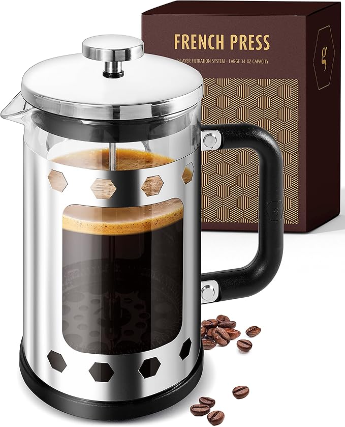 Gracie's Finest French Press Coffee Maker - Large 34 oz. Glass Coffee Pot Carafe with Stainless Steel Filter - French Press Coffee at Home or Office - Dishwasher Safe