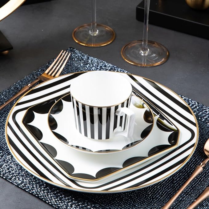 gold trim dinnerware set service for 2 8 pieces black and white ceramic plate set bone china plate and cup sets for hotel birthday Mother's Day