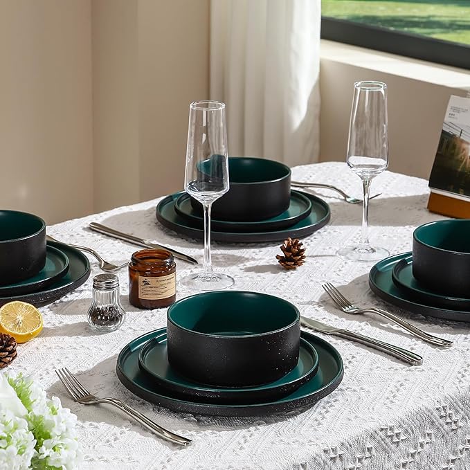 GZG Classic Series - Plates and Bowls Set for 8 24 Piece Stoneware Dinnerware Sets Microwave and Dishwasher Safe Lead-Free Handcrafted Ceramic Dishes Set - Malachite Green