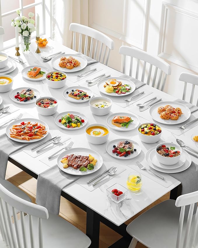 MALACASA 24 Pieces Gourmet Porcelain Dinnerware Sets Premium Plates and Bowls Set High-Fired Ceramic Dishes Set for 8 Chip &amp Scratch Resistant Microwave Dishwasher Safe White Series LEXI