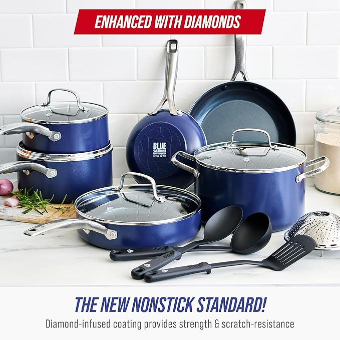 Blue Diamond 14 Piece Nonstick Cookware Set Diamond Ceramic Pots &amp Pans Dishwasher &amp Metal Utensil Safe Non Toxic PFAS-Free Kitchen Cooking Sauce &amp Saute Pans Oven &amp Broiler to 60