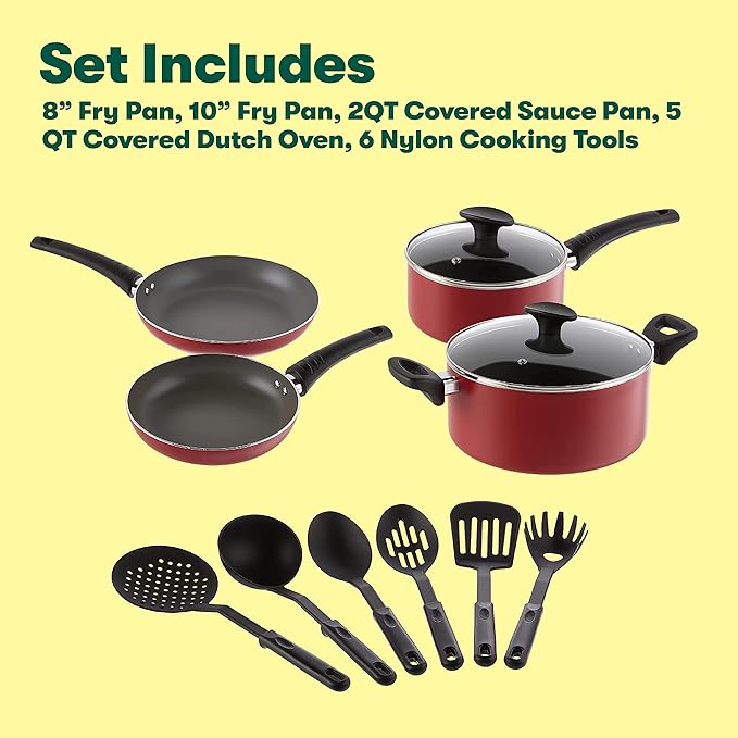 BELLA Cookware Set 12 Piece Pots and Pans with Utensils Nonstick PFOA Free Scratch Resistant Cooking Surface Compatible with All Stoves Nylon and Aluminum Red