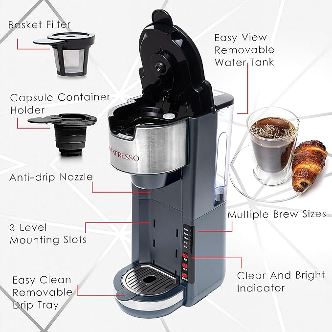 Mixpresso Gray Single Serve Coffee Brewer K-Cup Pods Compatible &amp Ground 30 oz Compact Coffee Maker Single Serve With 5 Brew Sizes Up To 14 Oz Fits Travel Mug Adjustable Drip Tray