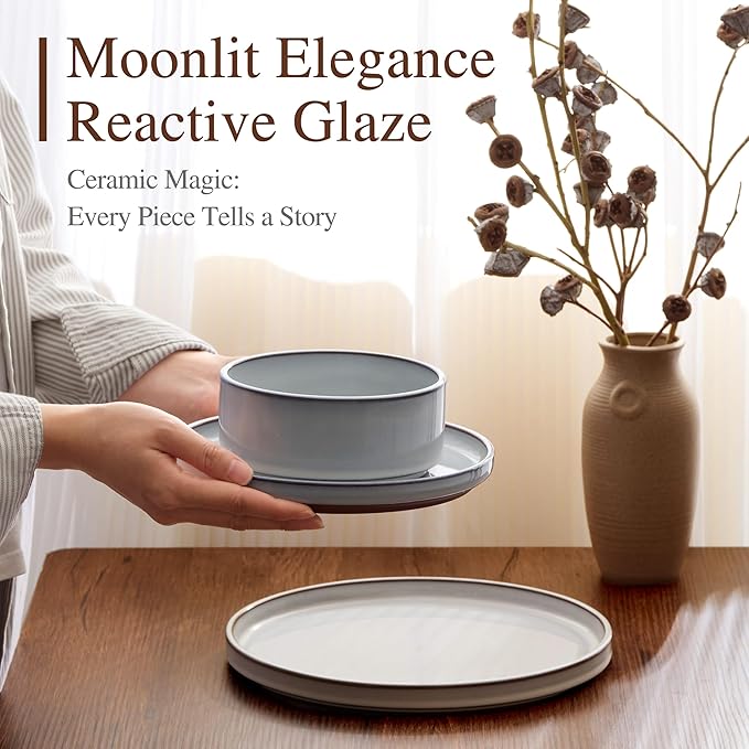 Vesteel 12-Piece Dinnerware Set Ceramic Plates and Bowls Sets Healthy Yixing Purple Clay Dishes Set Elegant &amp Durable Tableware Dishwasher &amp Microwave Safe - Moonlight White