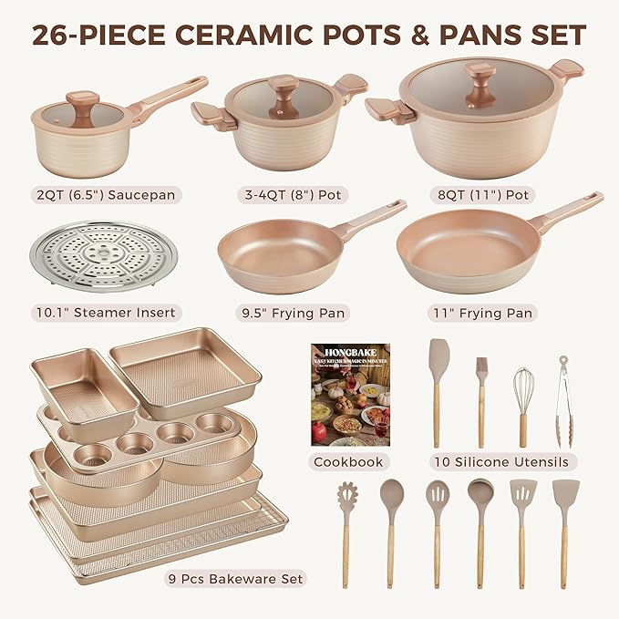 HONGBAKE 26 Pcs Pots and Pans Set Non Stick Non Toxic Ceramic Cooking Set With 10 Silicone Utensils Kitchen Induction Cookware &amp Bakeware Sets with Diamond Texture Pattern PFOA Free Gold