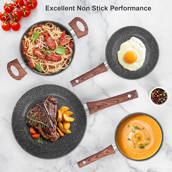 Granite Pots and Pans Set Non Stick 11 Piece Die-Cast Induction Cookware Set Nonstick Kitchen Cooking Set w/Frying Pans &amp Saucepans PFOA Free