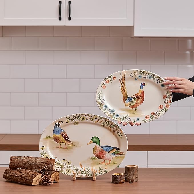 Bico Autumn Birds 16 plus 14 inch Oval Platters Set Set of 2 Microwave and Dishwasher Safe for Serving Fish Chicken Turkey