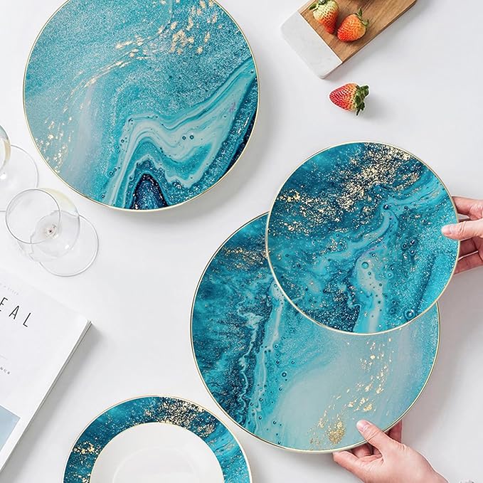 Romantic countryside Bone China Dinnerware Sets Service for 6Delicate afternoon tea Dinnerware SetSteak Dinner Plates Dish Set Includes coffee cupBlue Ocean