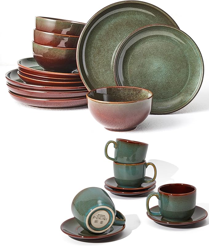Dinnerware Sets 16 Pieces with Coffee Cups with Saucers Brown Green