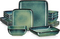 vancasso Stern Green Dinner Set- Square Reactive Glaze Dish Set- 16 Pieces Kitchen Dinnerware Stoneware Crockery with Dinner Plate Dessert Plates Bowl and Soup Plate Service for 4