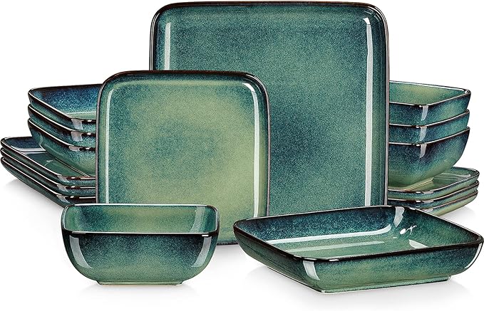 vancasso Stern Green Dinner Set- Square Reactive Glaze Dish Set- 16 Pieces Kitchen Dinnerware Stoneware Crockery with Dinner Plate Dessert Plates Bowl and Soup Plate Service for 4