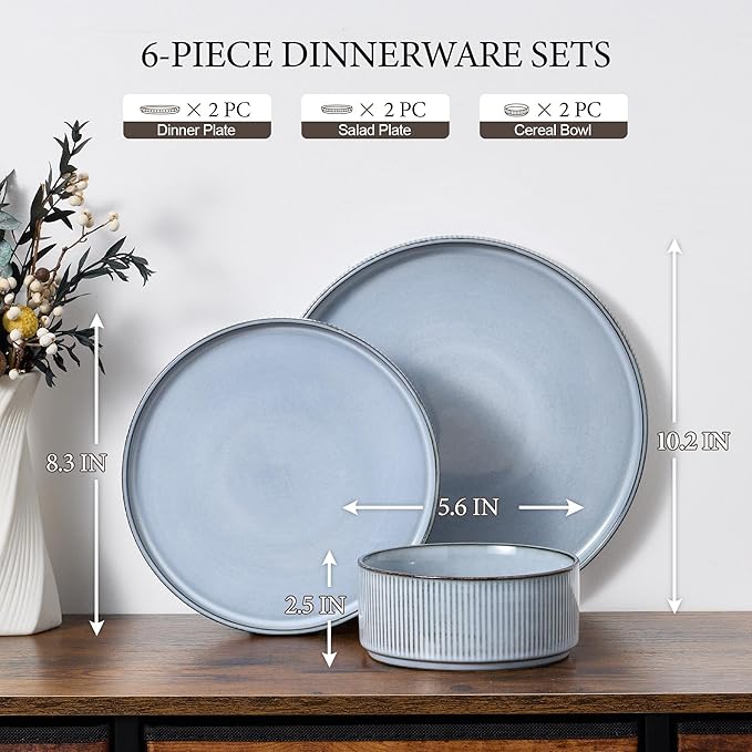 E-far Stoneware Dinnerware Sets for 2 6-Piece Plates and Bowls Sets Chip &amp Scratch Resistant Ribbed Dish Set for Home Restaurant Microwave &amp Dishwasher Safe Dusty Blue