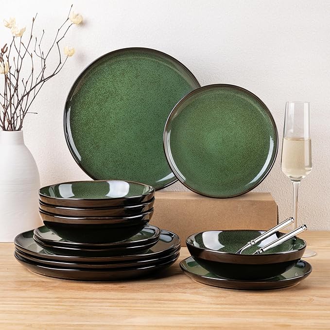 LeRatio Ceramic Dinnerware Sets for 4Wavy Reactive Glaze Stoneware Plates and Bowls SetsHighly Scratch Resistant | Dishwasher &amp MicrowaveOven Safe Dishes Set(12PCS)