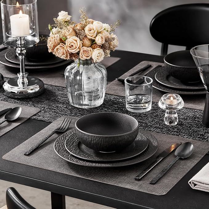 KINGSTONE Black Dinnerware Sets 24-Piece Matte Marble Pattern Premium Porcelain Place Setting with Dinner Plate Salad Plate Pasta Bowl Microwave and Dishwasher Safe