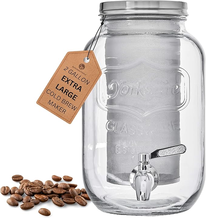 2-Gallon Cold Brew Coffee Maker – Commercial Size Extra Large Glass Dispenser with Metal Spigot Reusable Metal Filter &amp Airtight Lid – Big Batch Brewing by KitchenToolz