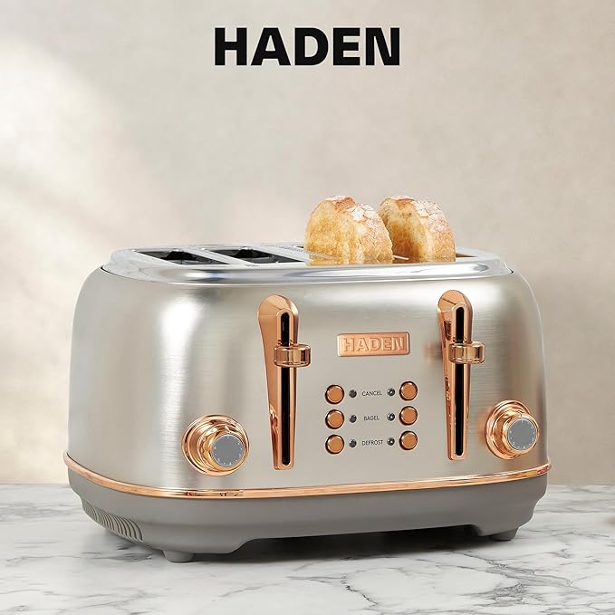 Haden Heritage 4 Slice Wide Slot Stainless Steel Toaster Bundled with 1.7 Liter Stainless Steel Electric Water Kettle Steel &amp Copper