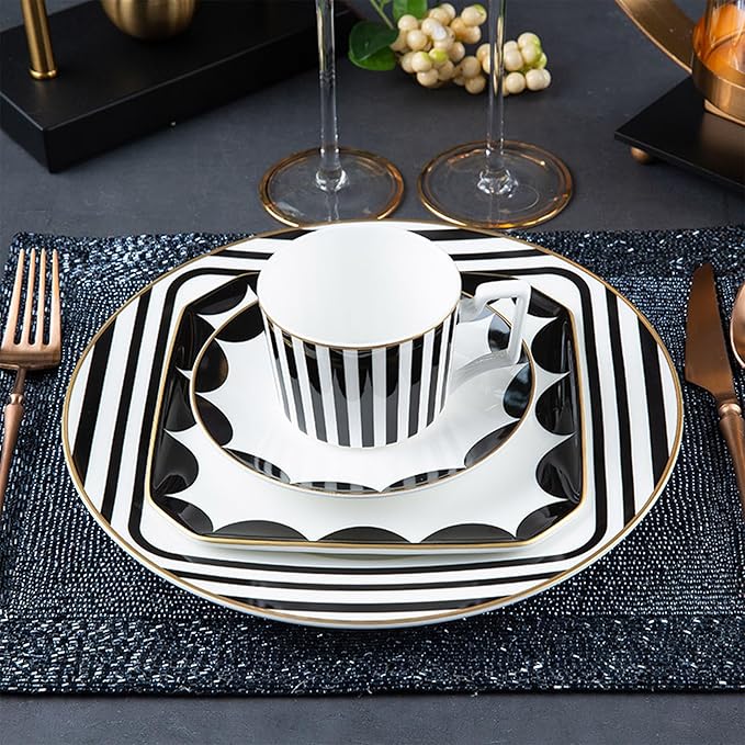 gold trim dinnerware set service for 2 8 pieces black and white ceramic plate set bone china plate and cup sets for hotel birthday Mother's Day