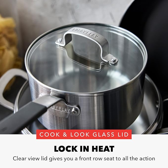 GreenPan x Bobby Flay Stainless Steel 12 Piece Cookware Pots &amp Pans Set Professional Grade Tri-Ply Multiclad PFAS-Free Ceramic Nonstick Induction Suitable Dishwasher &amp Oven SafeStay Cool