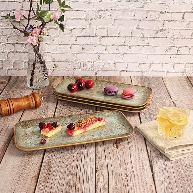 Ceramic Dinner Plates Dish Set Set of 4 Microwave Oven and Dishwasher SafeScratch Resistant Dinnerware Kitchen Porcelain Serving Dishes Brown glaze change 12.4 Inch Rectangle plate