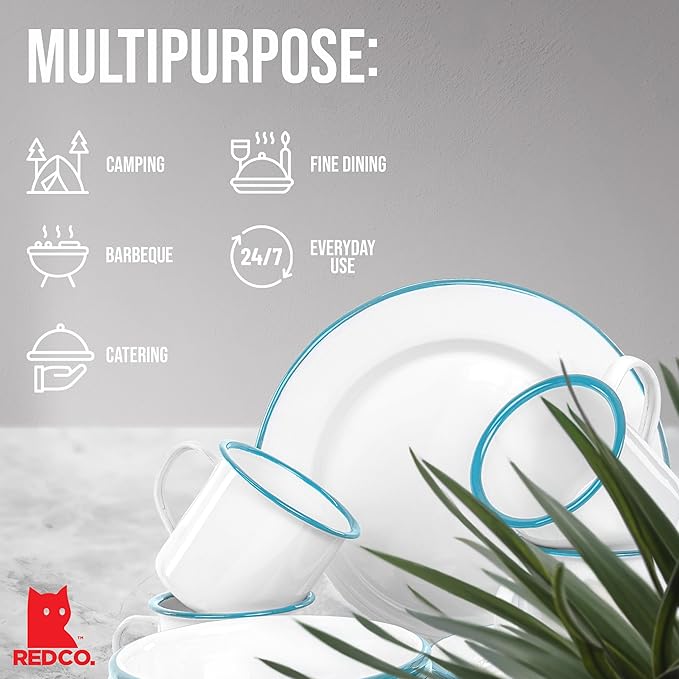 Red Co. 16-Piece Enamelware Metal Dinnerware Set for 4 Solid White/Teal Rim