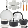 NutriChef 18-Piece Ceramic Cookware Set with Detachable Handles Non Stick Pots and Pans PTFE-Free Natural Ceramic Coating Space-Saving Design Oven &amp Stove Safe Includes Utensils