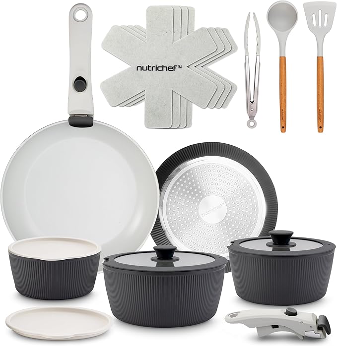 NutriChef 18-Piece Ceramic Cookware Set with Detachable Handles Non Stick Pots and Pans PTFE-Free Natural Ceramic Coating Space-Saving Design Oven &amp Stove Safe Includes Utensils