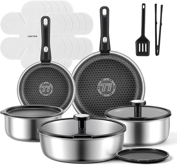 JEETEE Hybrid Tri-Ply Stainless Steel Cookware Set 18pcs Pots and Pans Set Non Stick with Detachable Handles Induction Cookware Set Kitchen Cooking Sets RV/Camping Cookware Dishwasher &amp Oven S
