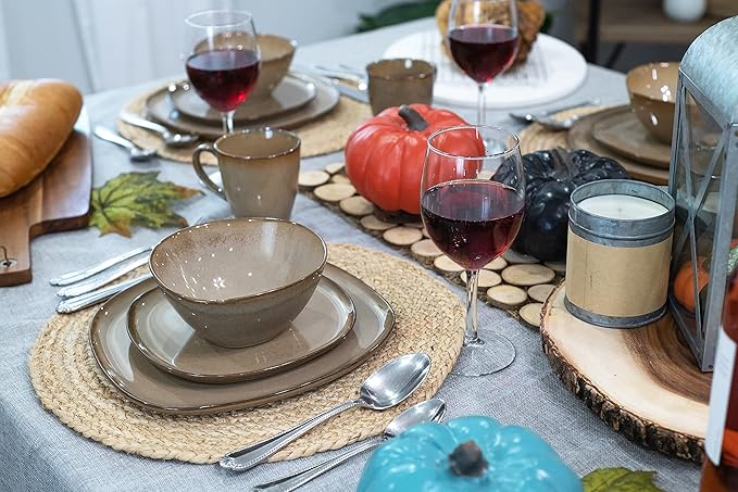 Elanze Designs 16-Piece Modern Luxury Chic Smooth Vintage Handmade Shape High Gloss Ceramic Stoneware Square Plate Mug &amp Bowl Kitchen Dinnerware 16 Piece Set - Service for 4 Brown