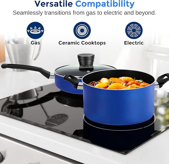 SereneLife 15-Pc Blue Nonstick Cookware Set Heat-Resistant Pots &amp Pans Set with Lids Dishwasher Safe Includes Matching Utensils