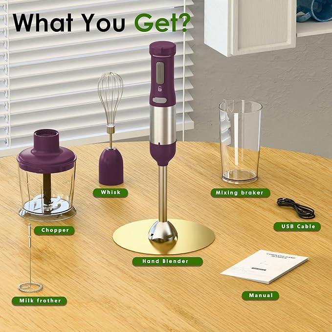 Cordless Immersion Hand Blender 5-in-1 Variable Speed blender handheldRechargeable with 2000mAh Battery BPA-Free &amp Dishwasher-Safe Accessories:700ml BeakerChopperWhisk &amp Milk FrotherPlum
