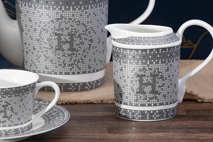 Dinnerware Set for 4-16 Piece Porcelain Dishes - Gorgeous White and Silver Intricate Geometric Mosaic Design - Premium Kitchen Set - For Everyday Use and Formal Occasions (58 Piece Set)
