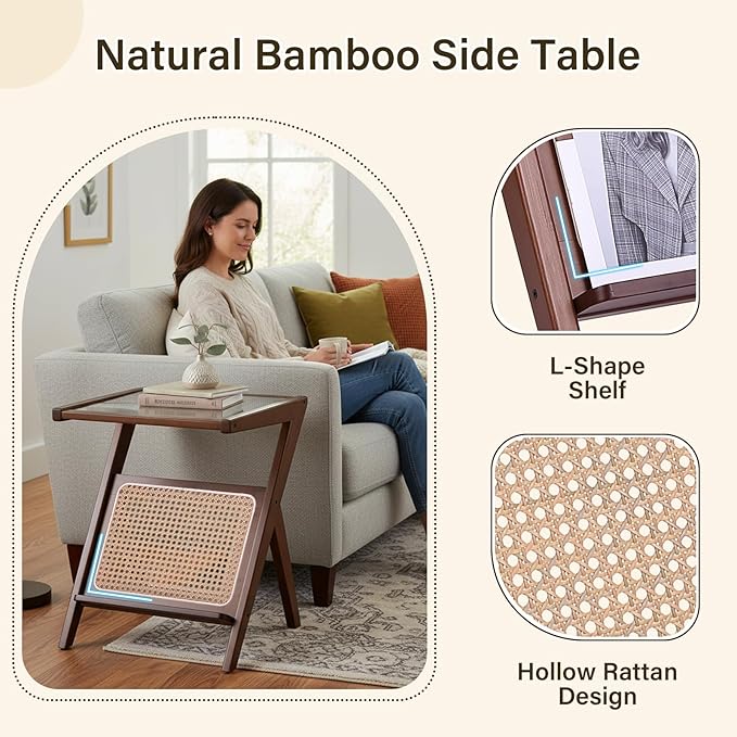 Tiita Rattan Nightstand Side Table Bamboo Accent Bedside Tables Glass Coffee Tables Boho Wooden End Table with Storage for Small Space Living Room and Bedroom