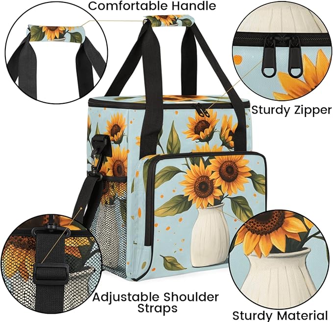 Sunflowers Vase Coffee Maker Travel Bag for Keurig K-Mini/K-Mini Plus Insulated Waterproof Tote with Pockets for K-Cup Portable Single-Serve Brewer Case