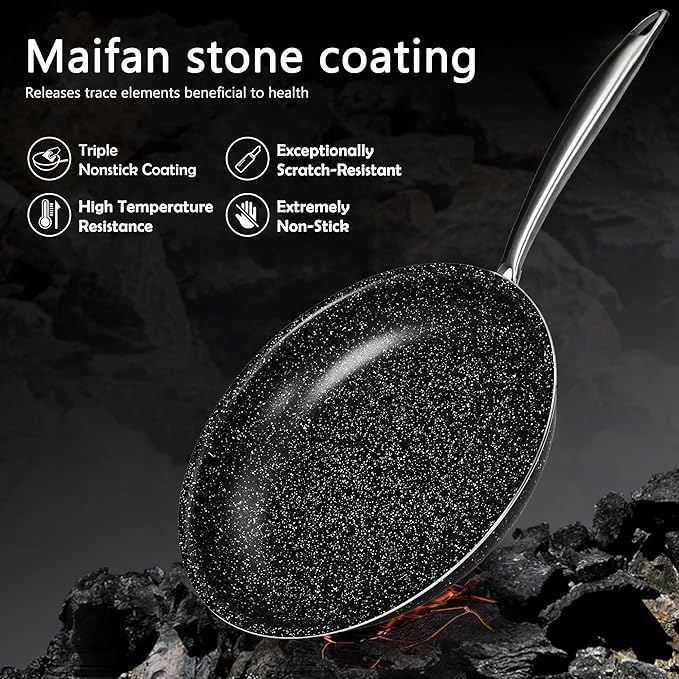 VECELO 20pcs Pots and Pans Set Non Stick Kitchen Induction Cookware Nonstick Saucepans Utensil Skillet with Maifan Stone Coated For Cooking(PFOS PFOA Free) Dishwasher &amp Oven Safe Black