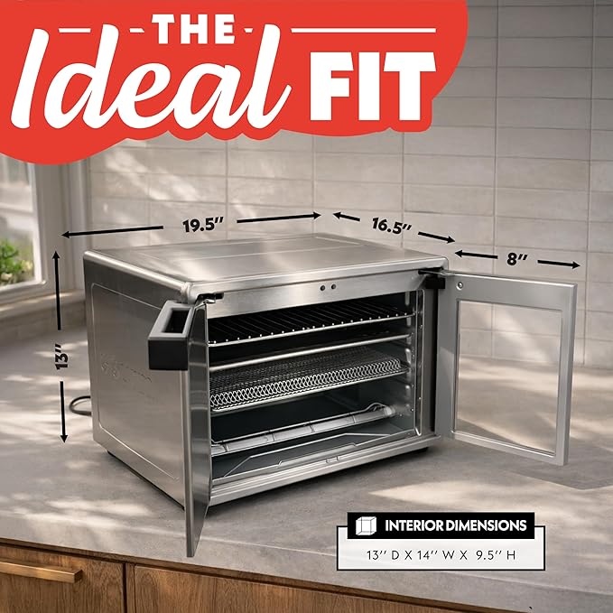 Gourmia French Door Air Fryer Oven - 37 Qt Large Capacity Convection Toaster Oven FryForce 360° Digital Display 12 Cooking Presets Dehydrate Fits 13” Pizza Dishwasher-Safe Stainless Steel