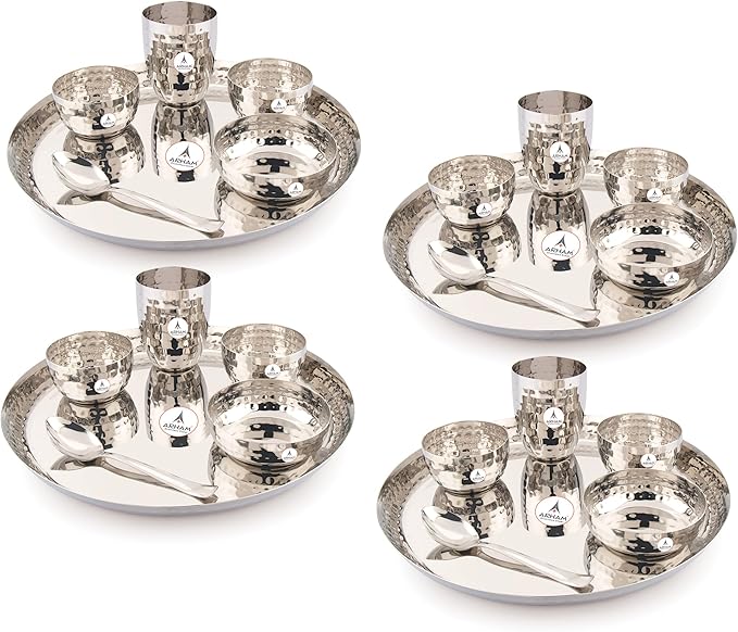 Hammered Dinner Set | Premium Saffron Thali Set | High Grade Steel Buffet Set Combo (24Pcs (4 Set Big))