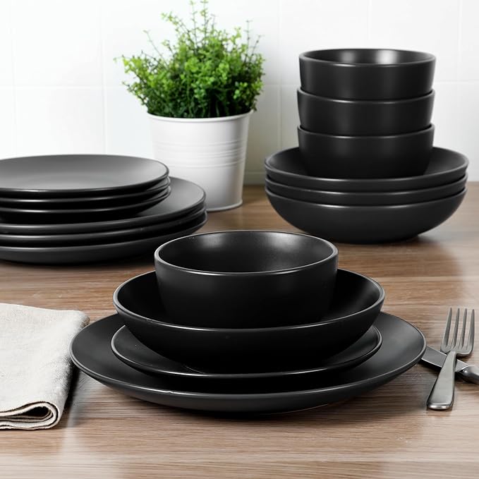 Gibson Home Queenslane 16-Piece Matte Black Stoneware Dinnerware Set – Double Bowl Plates and Bowls Durable Kitchen Dinner Set