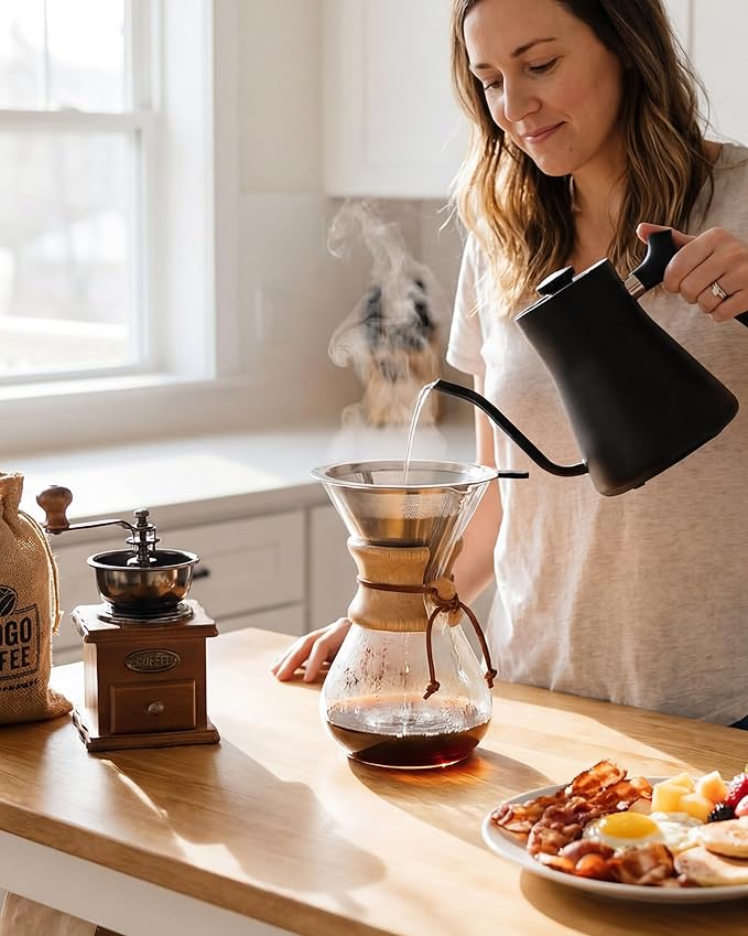AGOGO Pour Over Coffee Maker Glass - 8 Cup Barista Kit with 304 Stainless Filter for Home Office Camping Cafes - Easy Clean Coffee Dripper Set (Soft Towel&ampBrush) (8 Cup/28 oz)
