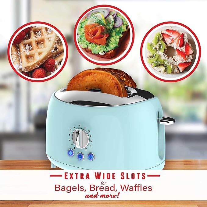 Cool Touch 2-Slice Extra Wide Slot Toaster with 7 Shade Settings Defrost and Bagel Functions – Black and Blue Retro Kitchen Toaster (Blue)
