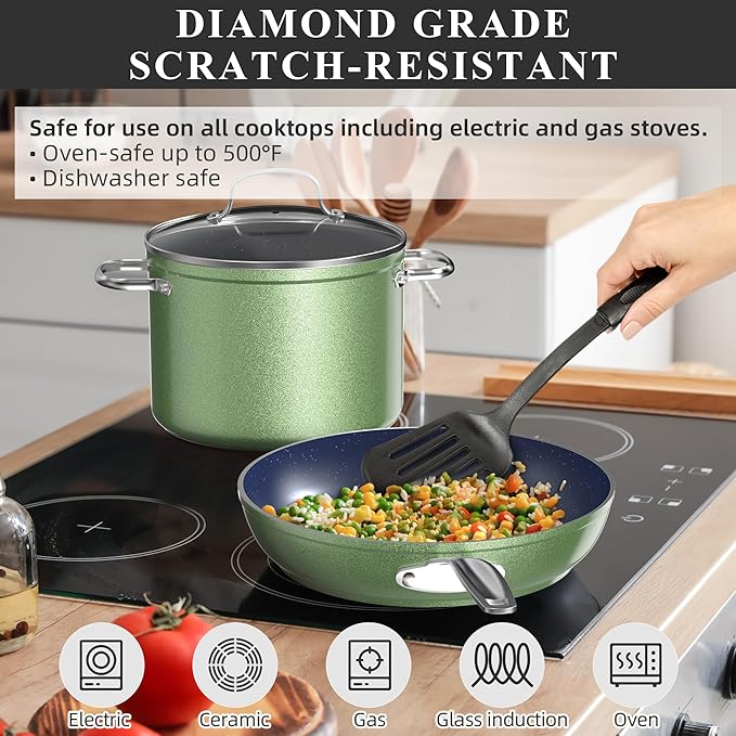 Nuwave Healthy Duralon Blue Ceramic Nonstick Cookware Set Diamond Infused Scratch-Resistant PFAS Free Dishwasher &amp Oven Safe Induction Ready &amp Evenly Heats Tempered Glass Lids &amp Stay-